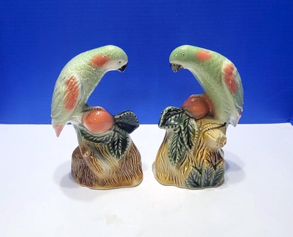 Pair Vintage Tropical Parakeet Bird Figurines Made in Brazil