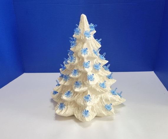 Vintage White Ceramic Christmas Tree with Blue Lights