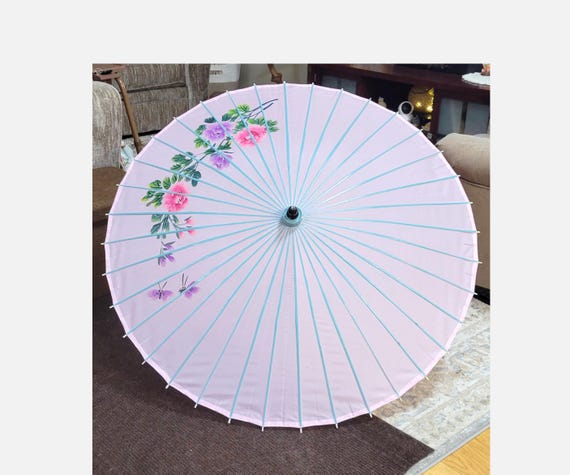Large Vintage Pink Floral Bamboo Parasol Asian Umbrella