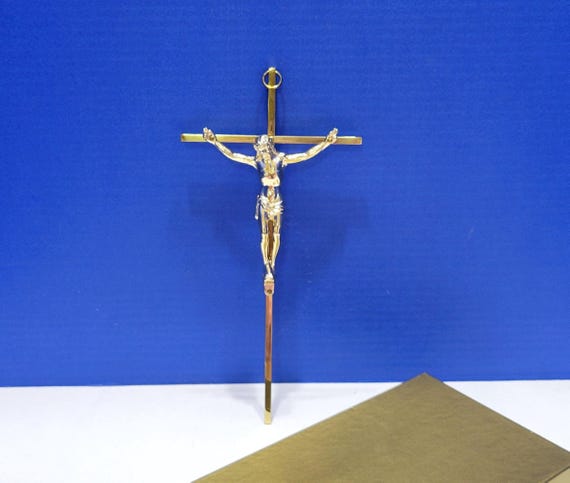 Vintage Shiny Gold Metal Thin Crucifix with Gold Gift Box