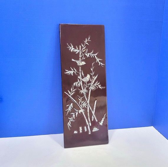 Vintage Asian Brown Lacquer Wall Panel with Mother of Pearl Inlay 16 x 6