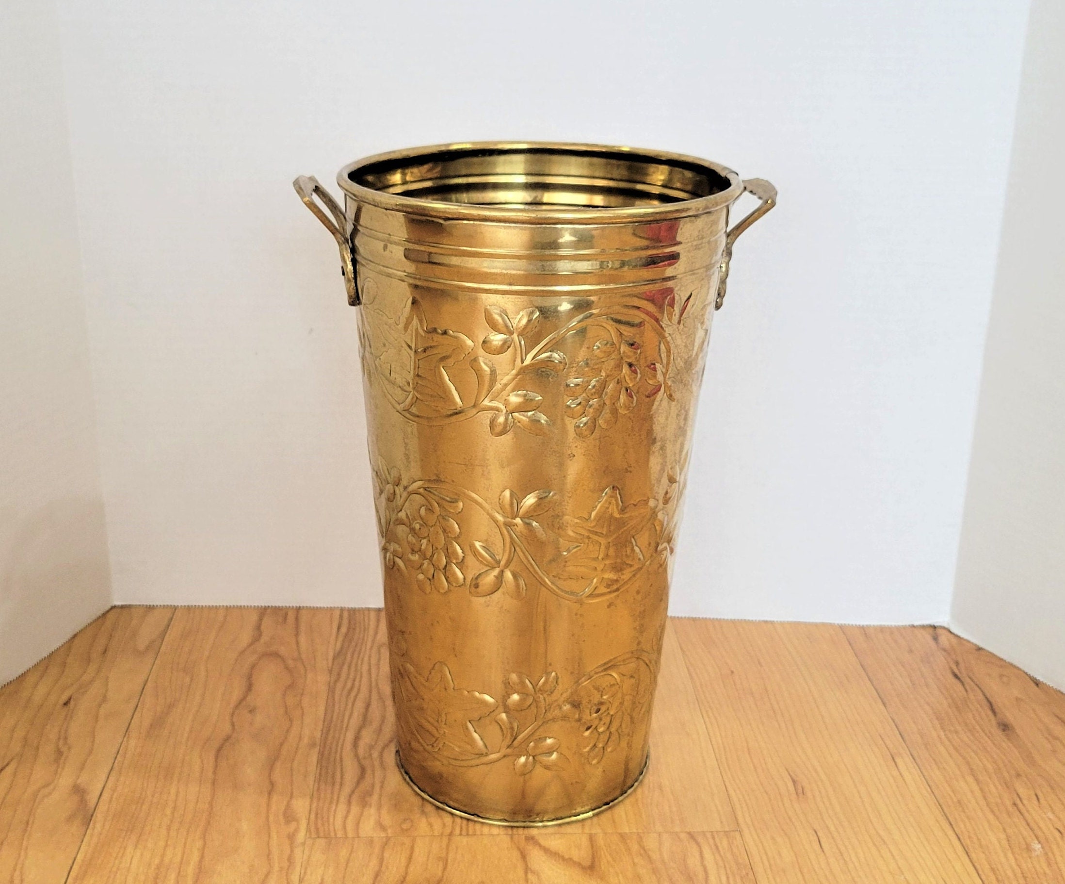 Vintage Brass Umbrella Stand Repousse Grapes and Vines Hosley