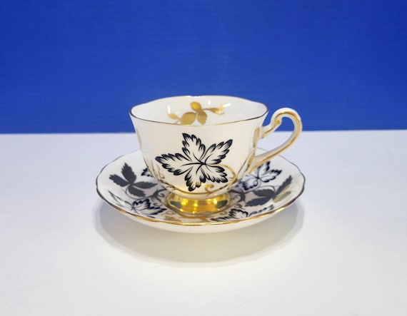 Vintage Royal Chelsea Black and Gold Leaf Bone China Tea Cup and Saucer