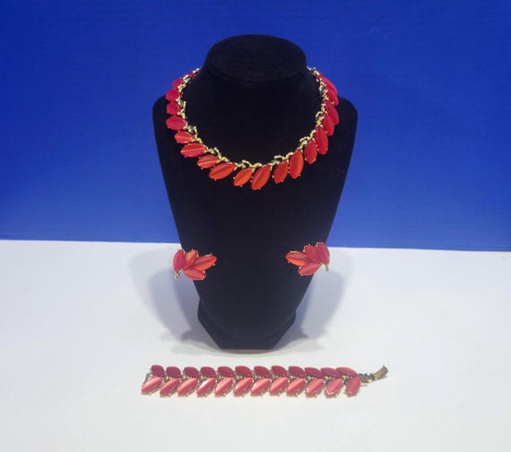 Vintage Kramer Signed Thermoset Leaf Jewelry Set Red Moonglow Lucite