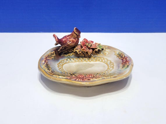 Vintage Cardinal Bird Trinket Dish Kiln Glazed Pottery Finish