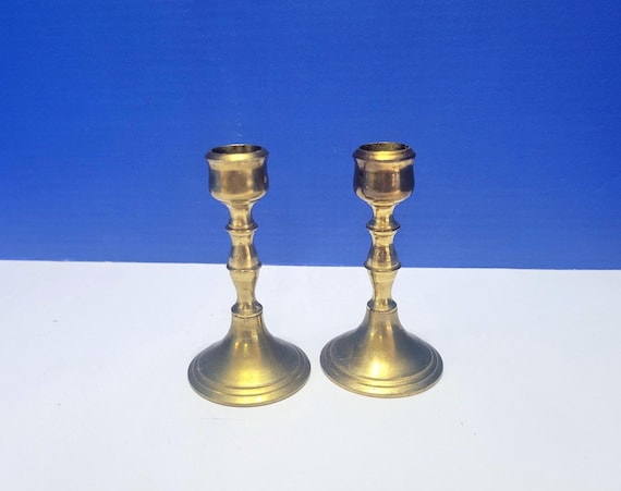 Pair Vintage Small Brass Candlestick Holders