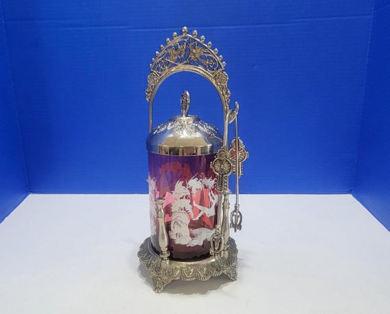 Antique Mary Gregory Cranberry Glass Ornate Pickle Castor with Tongs