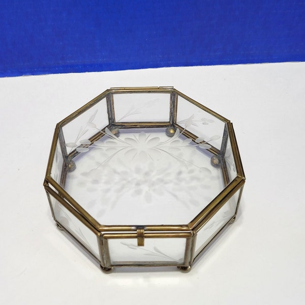 Vintage Brass and Glass Octagon Jewelry Box Etched Flowers