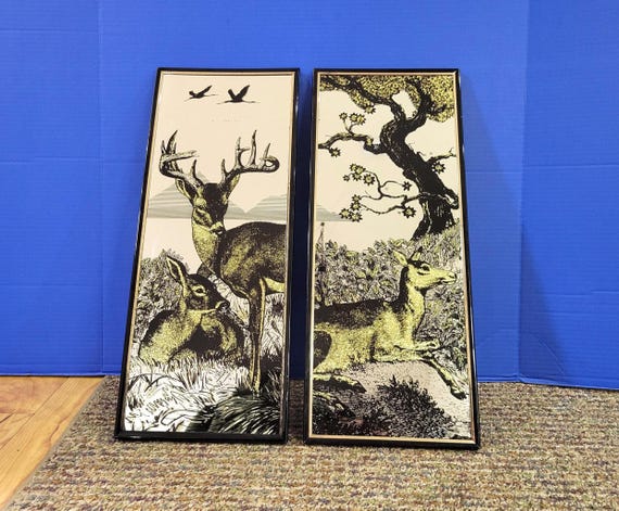 Pair Vintage Reverse Gold Foil Art Deer Mirror Panels 20 x 8