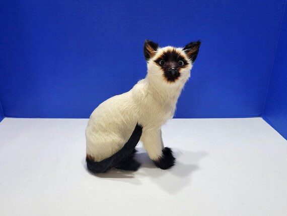 Vintage Large Fur Siamese Cat Figurine 8"