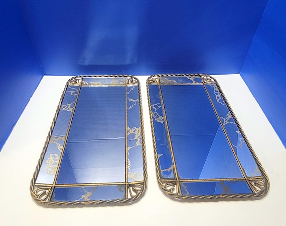 Pair Vintage Brass Gold Twisted Rope Wall Mirrors Distressed 15 x 8.5