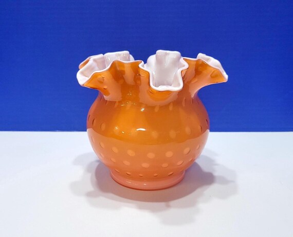 Vintage Fenton Orange Coral Overlay Bubble Optic Cased Glass Rose Bowl Vase