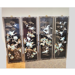 Vintage Asian Black Lacquer Wood Wall Panels with Shell Birds Set of 4