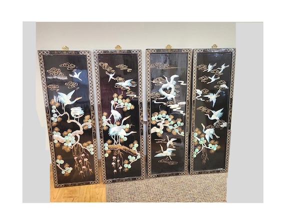 Vintage Asian Black Lacquer Wood Wall Panels with Shell Birds Set of 4