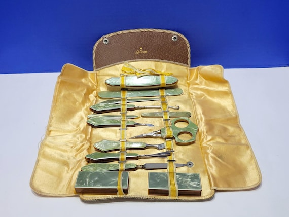 Antique Nail Grooming Kit with Green Pearlized Handles in Case