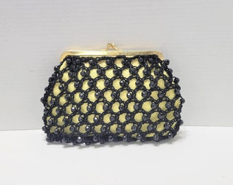 Vintage Kiss Lock Black Beaded Net Clutch Marshall Field & Company Purse Italy