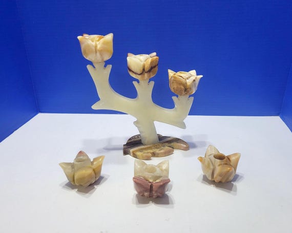 Vintage Alabaster 3 Arm Candlestick with Taper Candle Holders