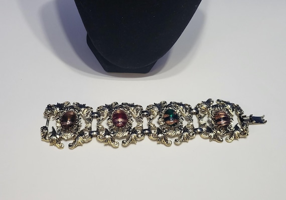 Vintage Panel Link Bracelet with Swirled Glass Cabochons