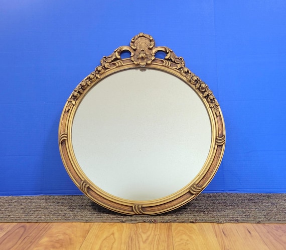 Antique Gold Wood Ornate Carved Round Mirror with Finial 20 x 24"