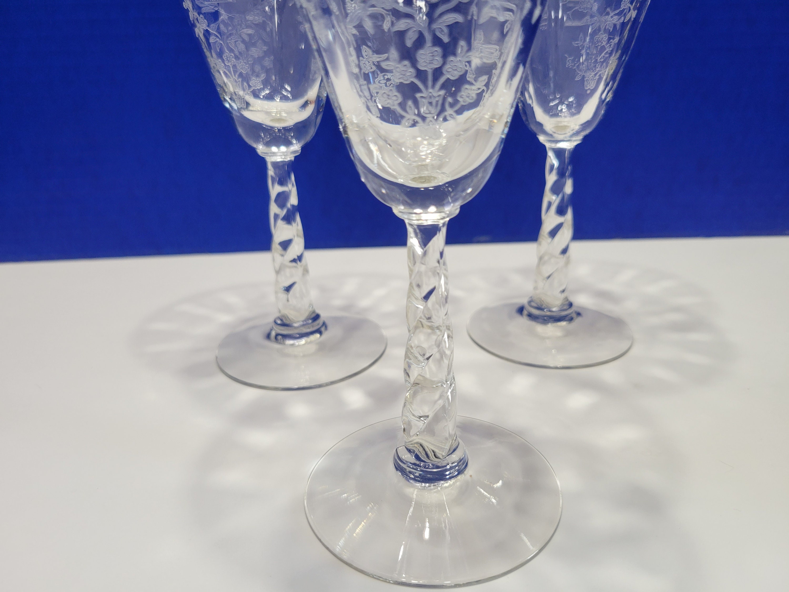 Vintage Fostoria Fluted Wine Glasses Mayflower Etched Floral Set of 3