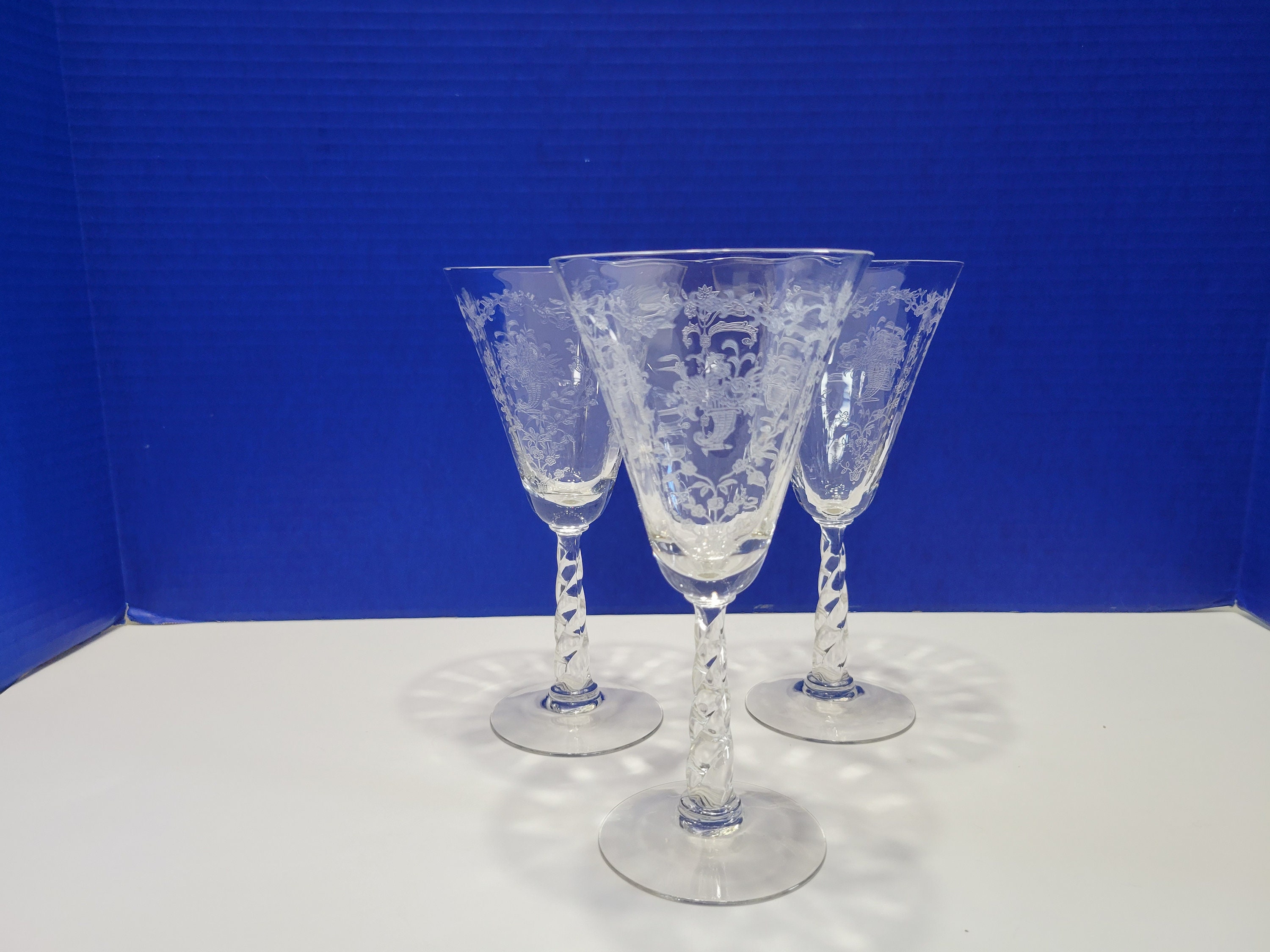 Vintage Fostoria Fluted Wine Glasses Mayflower Etched Floral Set of 3