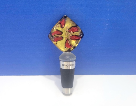 Vintage Bonjour Diamond Shaped Art Glass Wine Stopper in Box