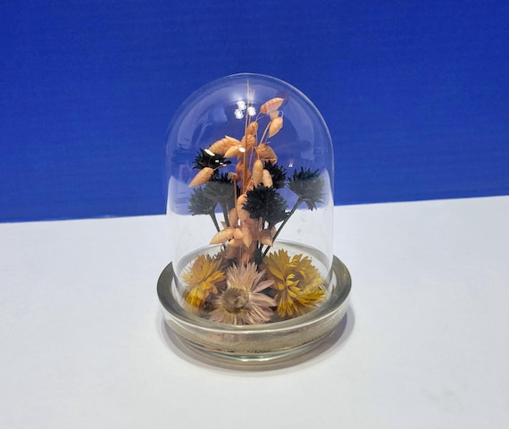 Vintage Dried Flower Arrangement in Glass Cloche Terrarium