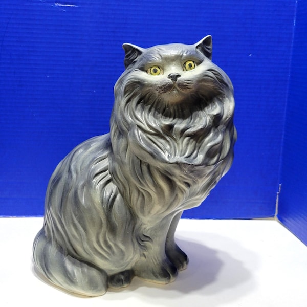 Large Vintage Ceramic Gray Cat Statue Sitting