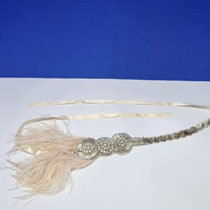Vintage 1920s Style Blush Feather Beaded Head Band Great Gatsby Style