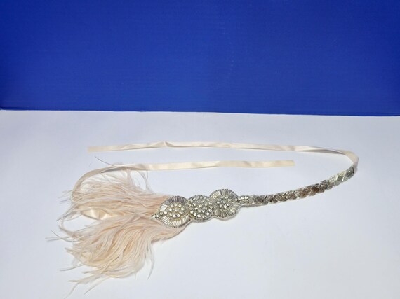 Vintage 1920s Style Blush Feather Beaded Head Band Great Gatsby Style