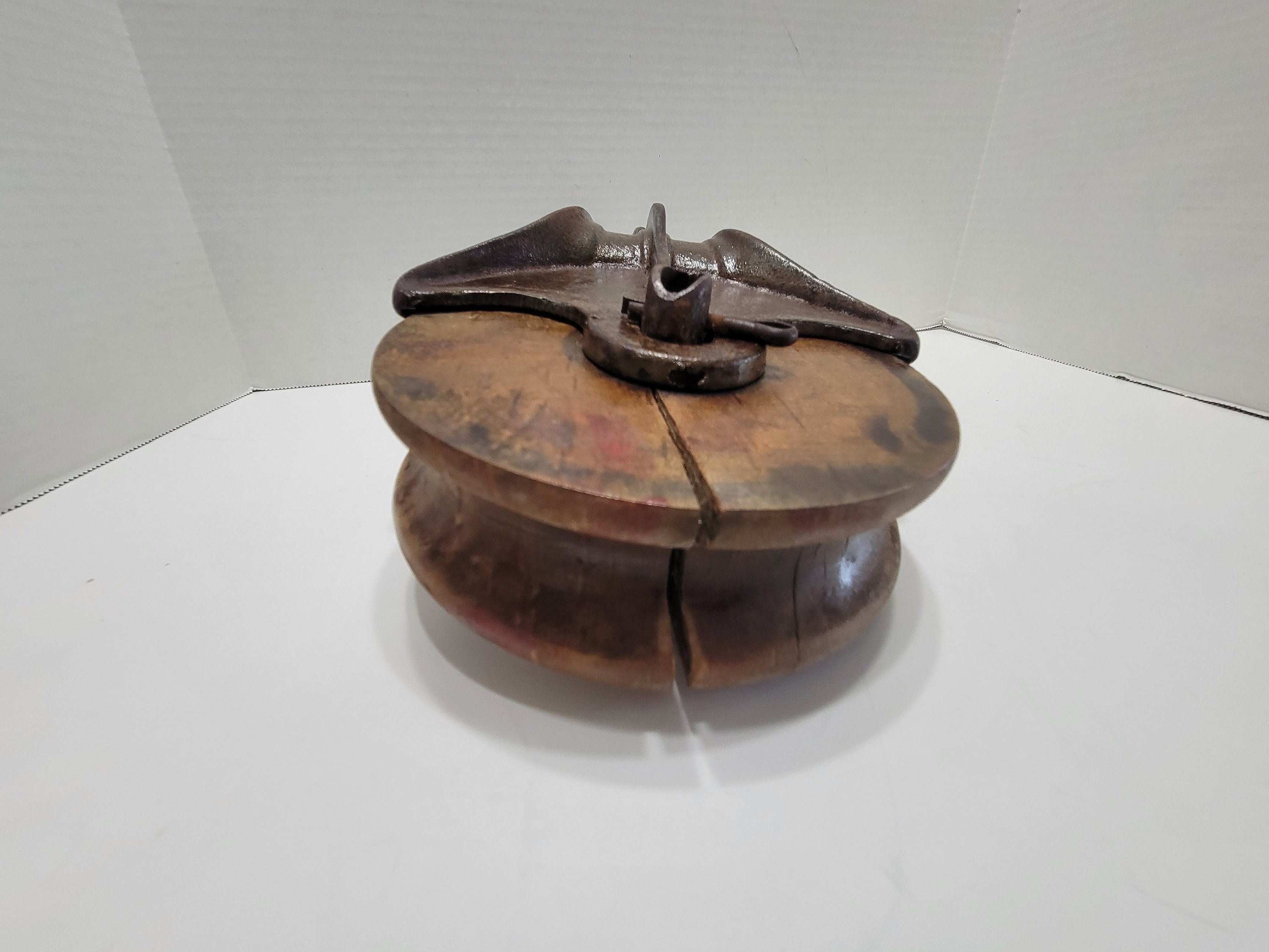 Large Farmhouse Antique Cast Iron Pulley with Wood Wheel
