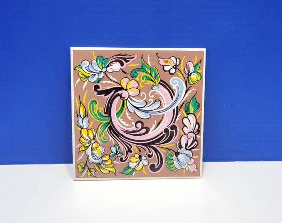 Vintage Scandinavian Trivet Tile Brown Pink Rosemaling Metropolitan Federal
