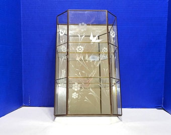 Vintage Large Brass Display Cabinet with Glass Shelves Mirrored Back Etched Bird