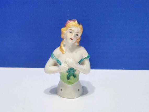Vintage Ceramic Half Doll Blonde with Green Dress