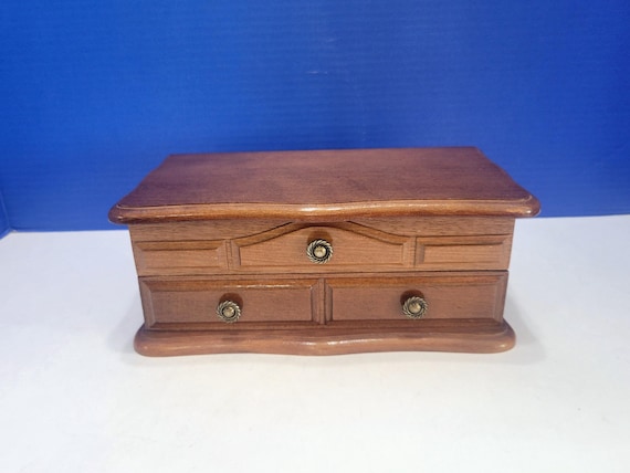 Vintage Small Wood Jewelry Box with Drawer and Mirror Inside