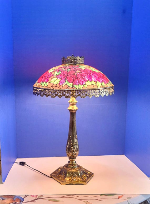 Vintage Red Floral Stained Glass Table Lamp Shade with Brass Base