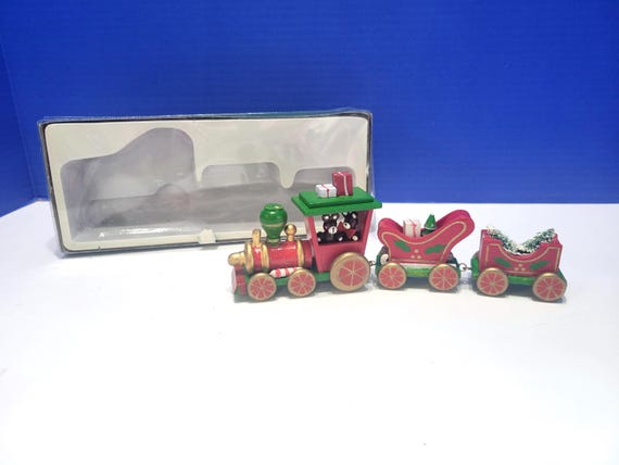 Vintage Small Wooden Christmas Train with Teddy Bear Conductors