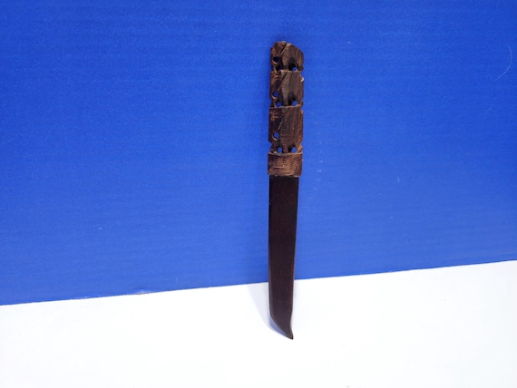 Vintage Wood Letter Opener with Carved Elephants Handle