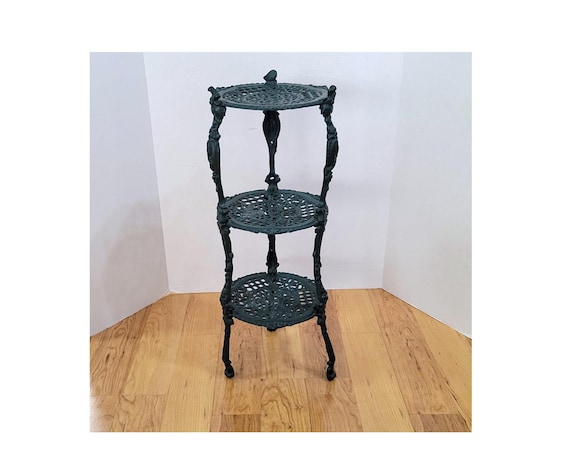 Vintage Verdigris Cast Iron Plant Stand 3 Tier Ornate Floral Legs