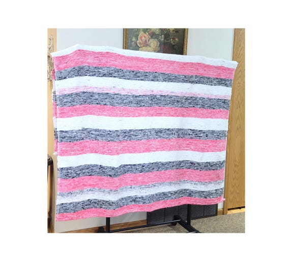 Vintage Mexican Pink and Gray Striped Woven Blanket 78 x 60