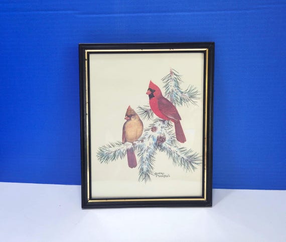 Vintage Sherm Pehrson Cardinal Birds on Snow Branch Print Framed 11 x 8 5/8