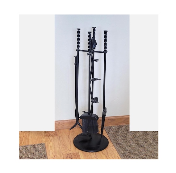 Vintage Black Wrought Iron Leaf Fireplace Tools Set