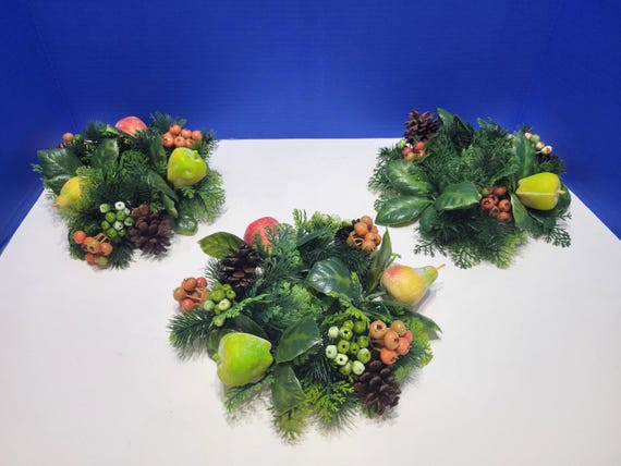 Vintage Christmas Pillar Candle Rings with Faux Plastic Fruit Set of 3