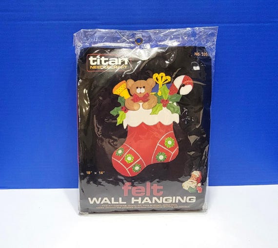 Vintage Titan Needlecraft Felt Wall Hanging Kit Felt Teddy Bear in Stocking