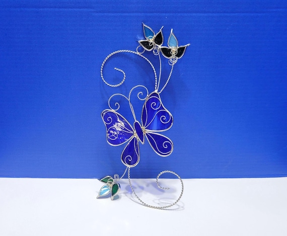 Vintage Blue Stained Glass Twisted Metal Butterfly Suncatcher