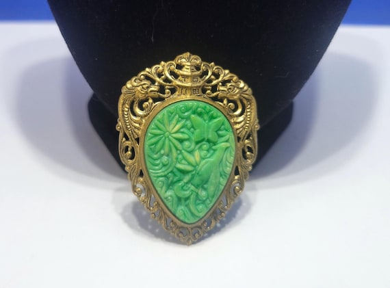 Vintage Faux Green Jade Pagoda Dragon Brooch