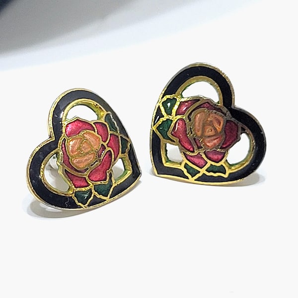 Pair Vintage Cloisonne Heart Shaped Stud Earrings with Pink Roses