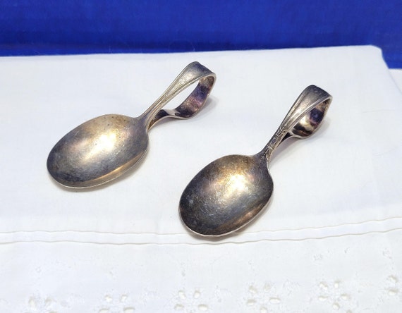 Pair Vintage Silverplate Baby Spoons Curved Folded Over Handles