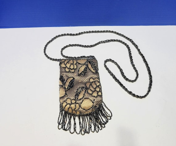 Vintage Gold and Black Beaded Purse with Long Strap and Fringe