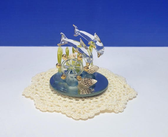 Vintage Glass Baron Crystal Spun Glass Dolphins Figurine